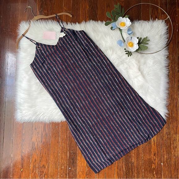 Navy & Burgundy Slip Dress With Grommet Details Striped Midi NWT - Picture 1 of 7